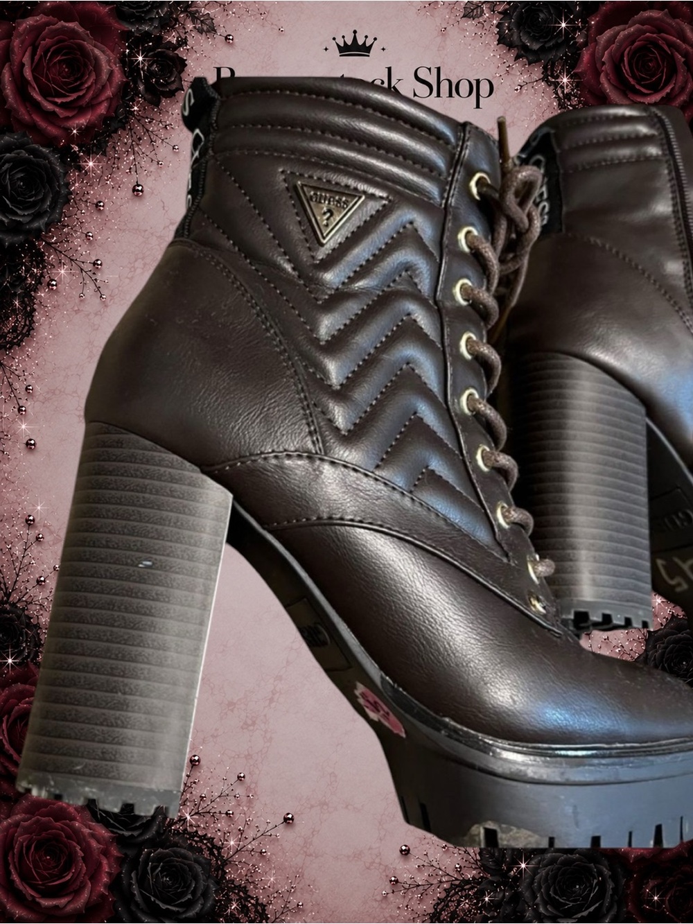 Preowned EUC GUESS Quilted Lace-Up Platform Heeled Boots – Size 5.5M - Picture 4 of 11